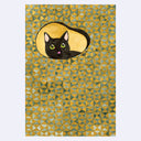 Illustration with geometric pattern and a black cat peeking out of an opening in the center