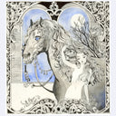 Artistic illustration of a horse and a woman , posing nude along side of it while holding a scull overhead. Piece has an illustrated decorative frame.