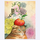 Illustration of a cat with an apple on its head surrounded by flowers and a butterfly.