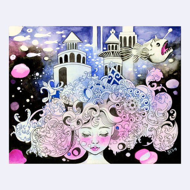 Purple, pink and black ink and watercolor drawing of a girl with ocean waves for hair. She has closed eyes and a city of tall buildings are behind her. An angler fish swims nearby.