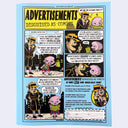 Comic book-style advertisement for advertisements disguised as comics on a light blue background.