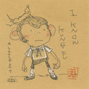 Sketch on tan paper of a monkey wearing a white shirt with black fancy shorts and shoes. Atop its head is a lumpy banana.