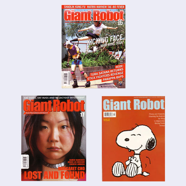 Three covers of 'Giant Robot' magazine featuring different images and text.