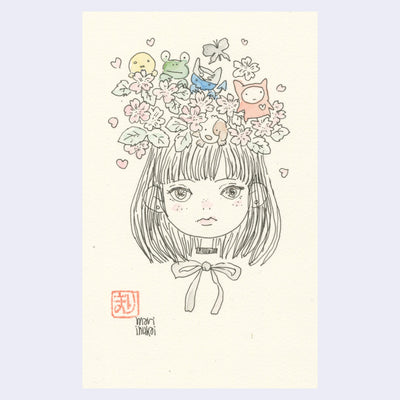 Ink illustration of a girl with flowers atop her head and tiny creatures inside.