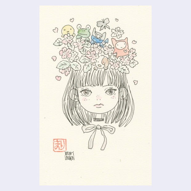 Ink illustration of a girl with flowers atop her head and tiny creatures inside.