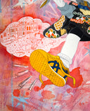 Framed painting of a cartoon character in traditional Japanese attire but modern sneakers, walking with a dog in her side pouch and looking at a map of San Francisco. 