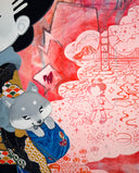 Close up showing detail of a painting with a red monochromatic background and a simplified image of a girl and her dog walking on a beach and looking at a map.