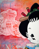 Close up showing detail of a painting with a red monochromatic background and a simplified image of a girl and her dog standing looking at a missed train.