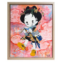 Framed painting of a cartoon character in traditional Japanese attire but modern sneakers, walking with a dog in her side pouch and looking at a map of San Francisco. 