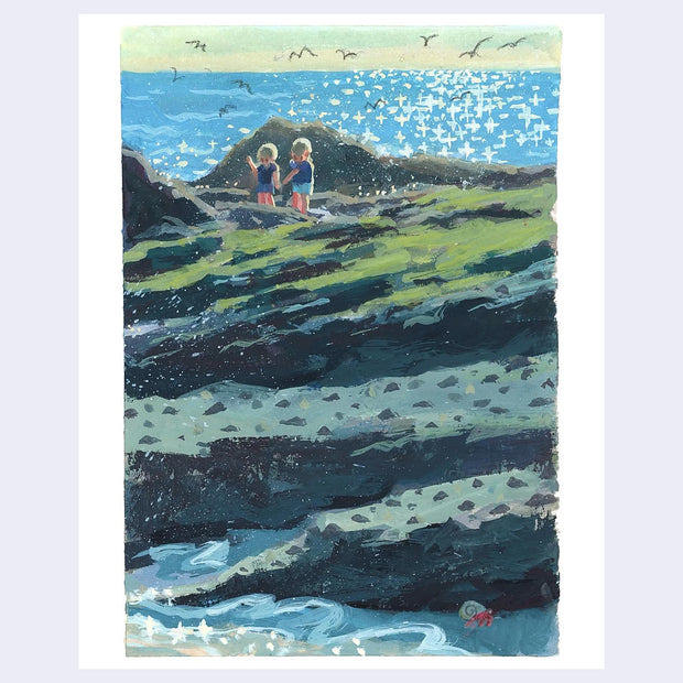Plein air painting of a beach with flat, moss covered rocks creating an expansive area to walk. 2 children are at the edge and the sun makes the water sparkle.