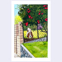 Painting of a basset hound, looking at the viewer from behind a chainlink fence with a grass lawn on either side of the fence and a bougainvillea tree partially covering the fence.