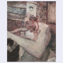 Oil painting of a person, shirtless and seen from a distorted angle.