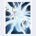Illustration of a fairy-like floating character with a glowing blue aura on a dark purple background. This aura comes from her necklace.