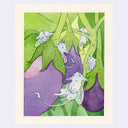 Watercolor illustration of small, cute furry white imps flying with tiny horns around an eggplant plant with 3 large full grown eggplants.
