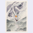 Watercolor illustration of a large, grey dragon with one large orange eye, flying down into a very small village.