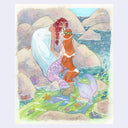 Watercolor illustration of a redheaded mermaid sitting on a rock in the ocean with her tail mostly in water. She looks up towards a woman with red hair wearing a white dress, who sits higher up on the rock and looks down.