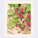 Watercolor illustration of small, cute furry yellow imps flying with tiny horns around a strawberry plant with many berries.