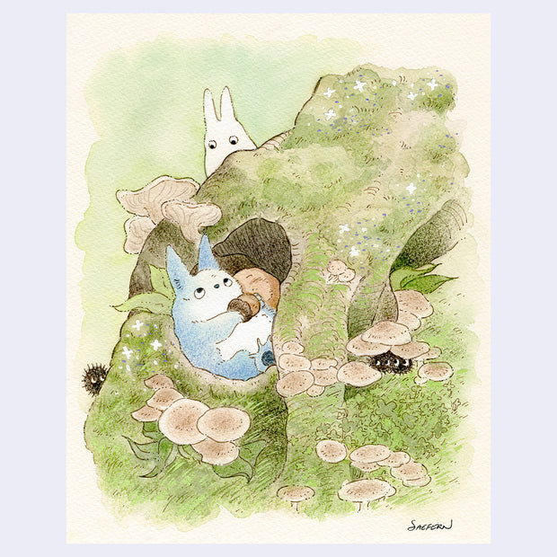 Illustration of a mossy tree branch with little characters from Totoro hiding in crevices. Mushrooms grow on the moss.