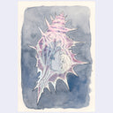 Watercolor illustration of a person curled up into the fetal position inside of a sharp edged sea shell, underwater.
