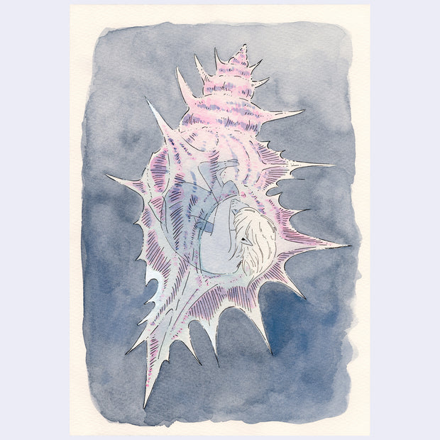 Watercolor illustration of a person curled up into the fetal position inside of a sharp edged sea shell, underwater.