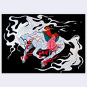 Artistic depiction of a white horse with a long, wild mane with dynamic smoke effects on a black background