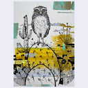 Artistic depiction of an owl on a branch with a desert landscape background