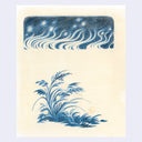 Blue colored pencil illustration on cream colored paper of a plant blowing in the wind with grass up top, drawn stylistically