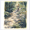 Artistic depiction of a person walking through a forest with tall grass and trees.