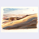 Artistic depiction of sand dunes with two figures in the distance on a light blue background