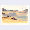 Desert landscape with people standing on a sand dune, watercolor painting style.