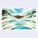 Artistic depiction of a boat on water with trees in the background
