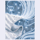 Artistic depiction of a large pathway, winding over itself like a piece of folded fabric. Background is starry and small ppl walk on the path.