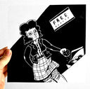 Black ink sketch of a cartoon woman pulling a donut out of a box under a sign that reads "free donuts"