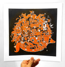 RIsograph print of a black, orange and white illustration of many, many cartoon characters close to one another. 