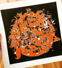 RIsograph print of a black, orange and white illustration of many, many cartoon characters close to one another. 