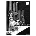 Black ink illustration of a cartoon woman standing up against a cactus, she wears ripped jeans and a tank top and leans back. At her feet is a cat in a crate and in the background is a small motel in the desert night.