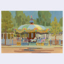 Plein air painting of a carousel with yellow, blue and green coloring and fenced in.