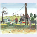 A watercolor landscape painting depicting a rural street scene with utility poles, bare trees, mailboxes, a small house, and a pale blue sky.