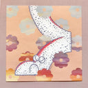 White cartoon snake like character on an orange background with sunset cloud colored flowers in the sky.