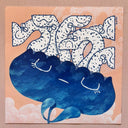 Painting of a blue flower with coloring of the night sky and cartoon white snake characters coming out from the top of it.