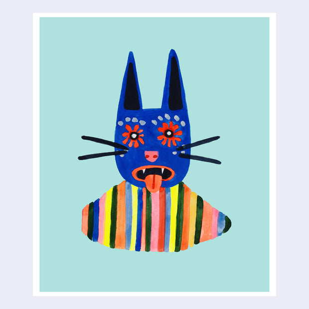 Illustration of a blue cat with a striped shirt and pointy ears and a tongue out.