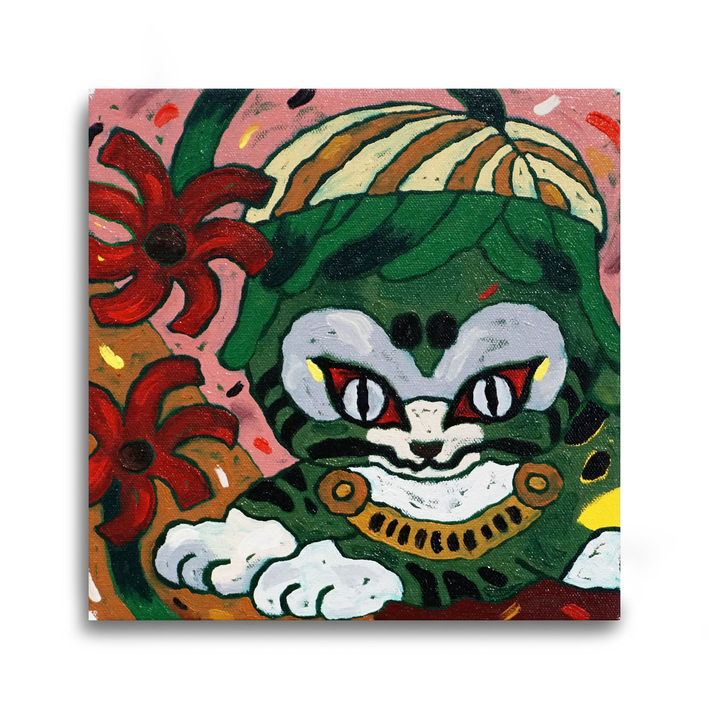 Colorful painting of a cat-like creature with red flowers on a pink background