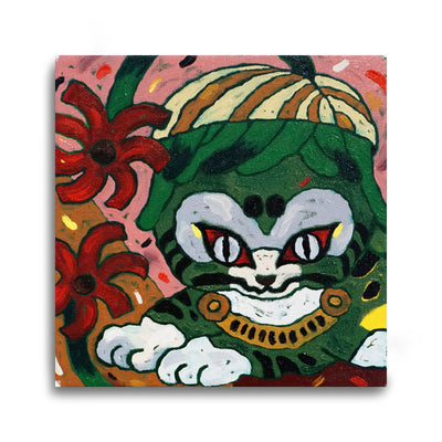 Colorful painting of a cat-like creature with red flowers on a pink background