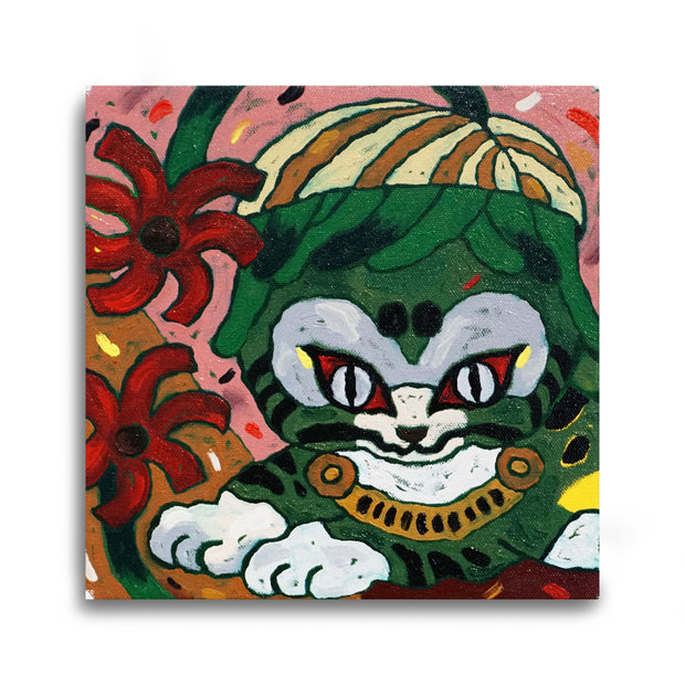 Colorful painting of a cat-like creature with red flowers on a pink background