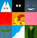 Painting divided into 9 even sized squares, like a grid. In order from top right onwards:  a white ghost creature on blue background, cartoon eyes in black background, Totoro's face, red square, Catbus, pink square, plant sprout, cloudy sky, and stalk of corn.