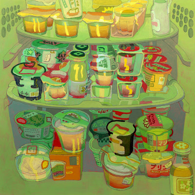 Painting done in stark green artificial lighting of the inside of a refrigerator. The shelves are stocked with different pudding cups.