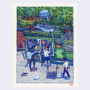 An illustration of a group of workers loading or unloading a green flatbed truck from a rooftop platform, with a blue telephone booth in the background and a white border around the artwork.