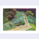 An impressionistic painting of a winding path through a lush green landscape, with a few small figures walking along the trail under a dark purple sky. The artwork is presented with a wide white border on a light gray background.