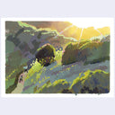 An impressionistic landscape painting of sunlit green hills and a winding path, shown with a white border on a light gray background.
