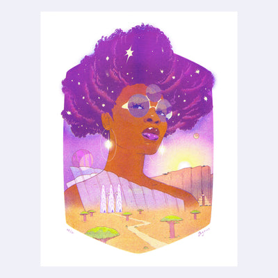 Colorful risograph print of a woman with a large purple afro, with stars within it. Only her torso and up is visible, where a desert landscape is below her. 